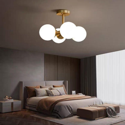 Modern Mid-Century Gold Finish Frame Glass Globe Ball 4-Light Chandelier For Living Room