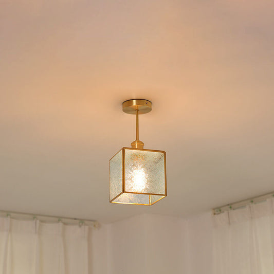 French Vintage Copper Gold Finish Frame Polygonal Glass 1-Light Semi-Flush Mount Ceiling Light