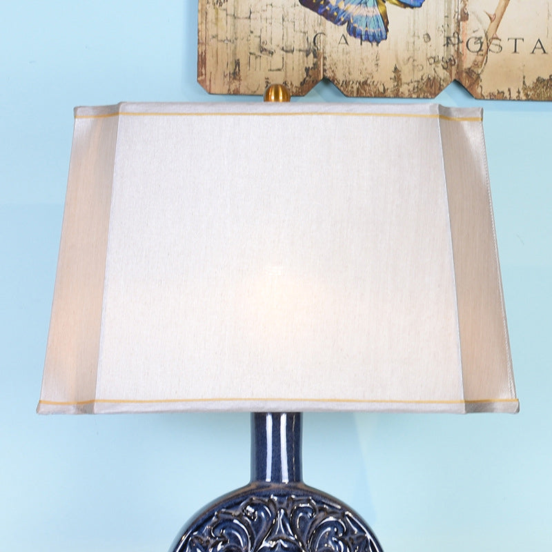 Traditional Chinese Oval Ceramic Fabric Lampshade Copper Base 1-Light Table Lamp For Living Room