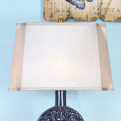 Traditional Chinese Oval Ceramic Fabric Lampshade Copper Base 1-Light Table Lamp For Living Room