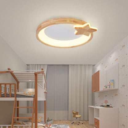 Modern Minimalist Round Star Wood Grain Acrylic LED Flush Mount Ceiling Light For Bedroom
