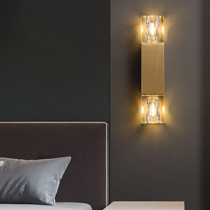 Minimalist Light Crystal Square Column Brass 2-Light Wall Sconce Lamp