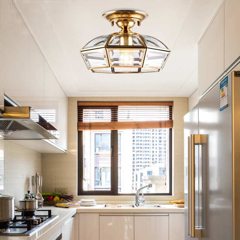Modern Luxury Octagonal Brass Crystal Glass 1-Light Semi-Flush Mount Ceiling Light