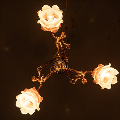 Traditional Vintage Angel Flower Copper Glass 1/3/6 Light Chandelier For Bedroom