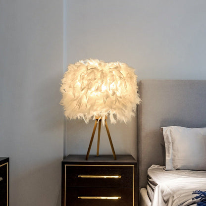 Modern Art Deco Feather Wood Cylinder Triangle Base 1-Light Table Lamp For Bedside