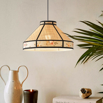 Contemporary Vintage Round Cone Raffia Hardware 1-Light Pendant Light For Living Room