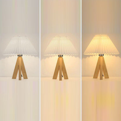Modern Minimalist Trapezoid Tripod Pleated Fabric Shade Wood 1-Light Table Lamp For Bedroom