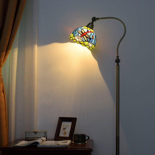 Traditional Tiffany Iron Glss Dome Round Dragonfly 1-Light Standing Floor Lamp For Bedside