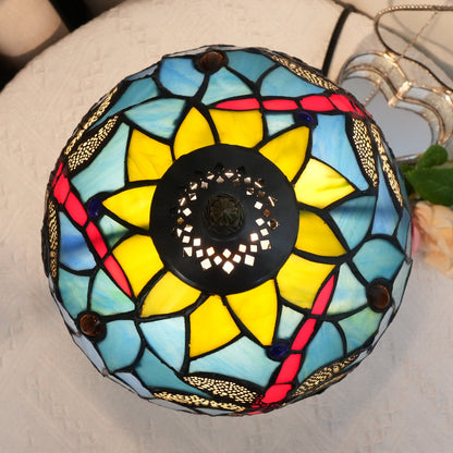 Traditional Tiffany Glass Resin Dome Dragonfly Lotus 1-Light Table Lamp For Study