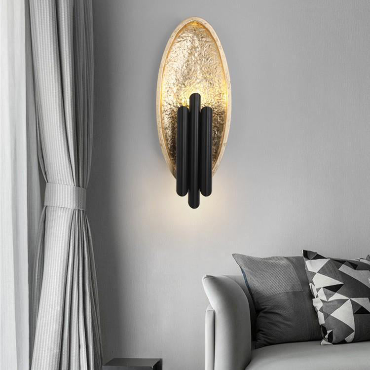 Contemporary Luxury Oval Gold Foil Texture Metal Tube 2-Light Wall Sconce Lamp For Dining Room