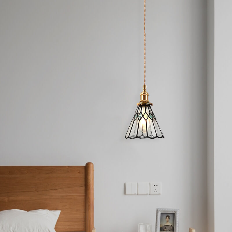 Japanese Vintage Brass Stained Glass Cone 1-Light Pendant Light
