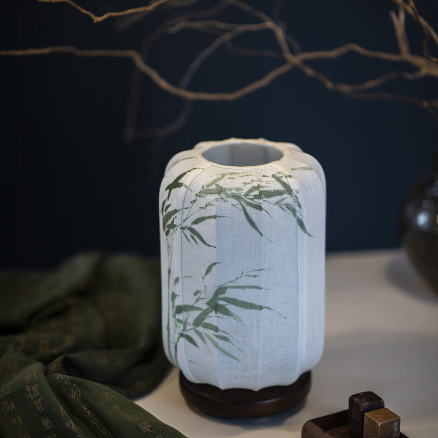 Traditional Chinese Wood Cotton Hemp Cylinder Bamboo Leaf 1-Light Table Lamp For Bedside