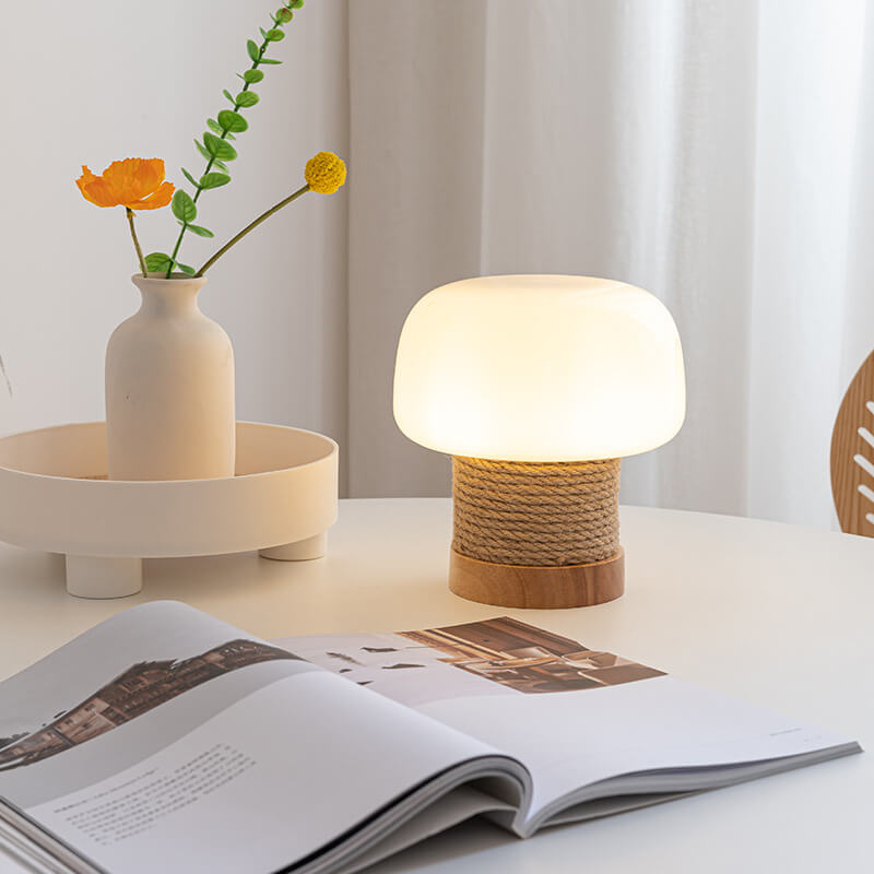 Vintage Creamy Mushroom Glass Twine Oak 1-Light Table Lamp