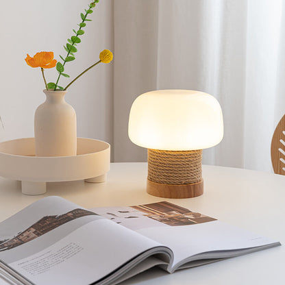 Vintage Creamy Mushroom Glass Twine Oak 1-Light Table Lamp