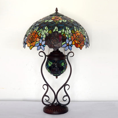 European Style Tiffany Rose Stained Glass Lace Base 3-Light Table Lamp