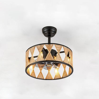 Industrial Creative Hemp Rope Cylinder 4-Light Downrods Ceiling Fan Light