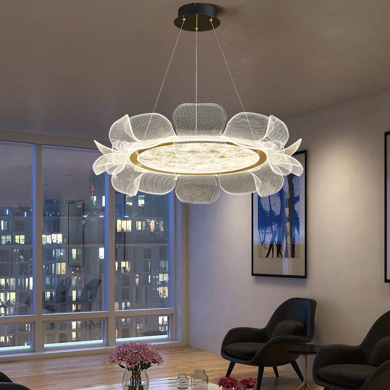 Modern Minimalist Round Flower Clear Metal Acrylic LED Island Light Chandelier For Dining Room