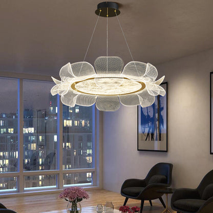 Modern Minimalist Round Flower Clear Metal Acrylic LED Island Light Chandelier For Dining Room