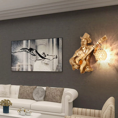 Contemporary Creative Guitar Player Resin Crystal 1-Light Wall Sconce Lamp For Entertainment Room