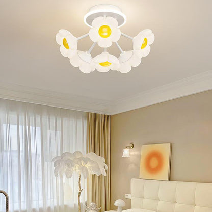 Contemporary Creative Flower PE Shade Iron Frame LED Semi-Flush Mount Ceiling Light For Bedroom