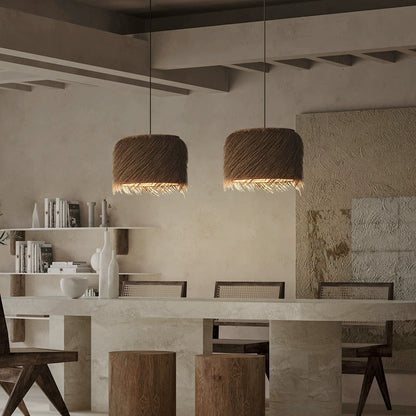 Traditional Japanese Rattan Weaving Cylinder 1-Light Pendant Light For Dining Room