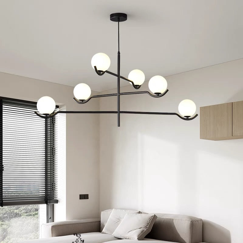 Modern Mid-century Iron Long Rod Glass Globe Shade 4/6-Light Chandelier For Dining Room