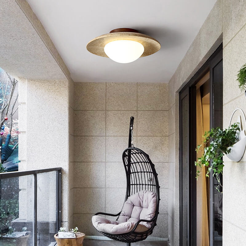 Traditional Vintage Round Travertine 1-Light Flush Mount Ceiling Light For Hallway