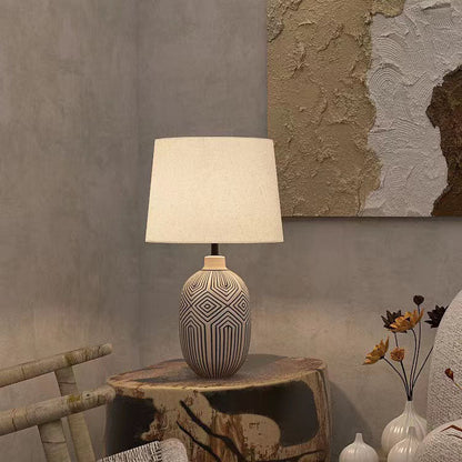Traditional Japanese Striped Vase Base Ceramic Fabric 1-Light Table Lamp For Bedroom