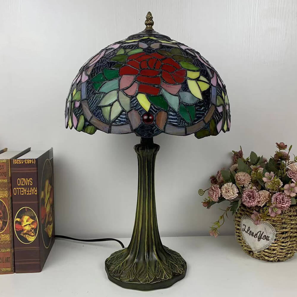 Tiffany Half Round Rose Hardware Stained Glass 1-Light Table Lamp
