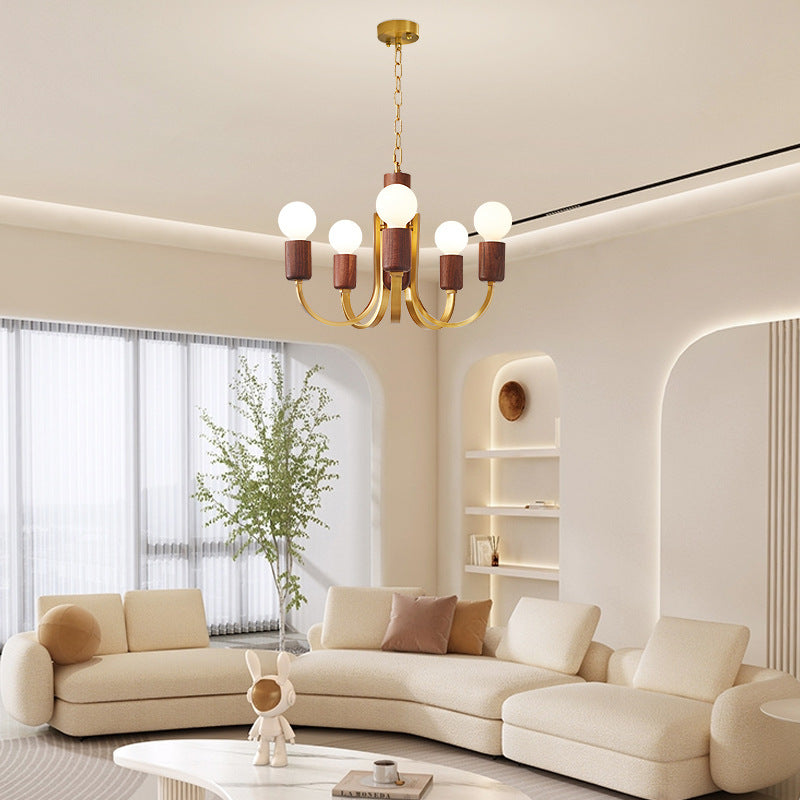 Contemporary Vintage Curved Rod Cylinder Candlestick Shape Copper Wood 3/4/5 Light Chandelier For Living Room