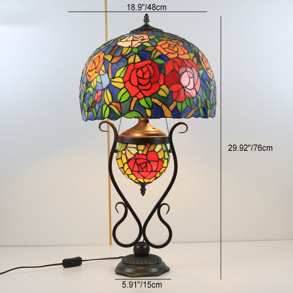 Tiffany European Vintage Floral Stained Glass Round Pot 3-Light Table Lamp