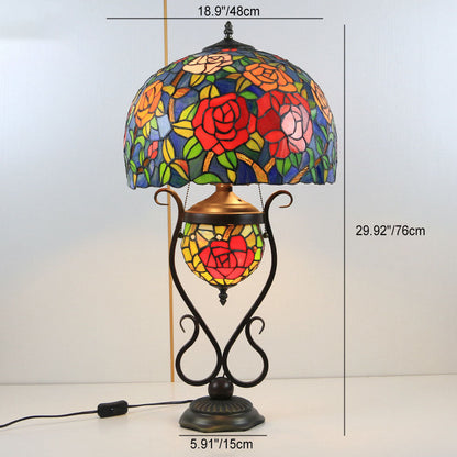 Tiffany European Vintage Floral Stained Glass Round Pot 3-Light Table Lamp