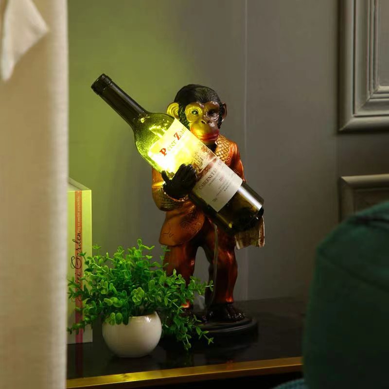 Contemporary Creative Orangutan Wine Bottle Glass Resin 1-Light Table Lamp For Living Room