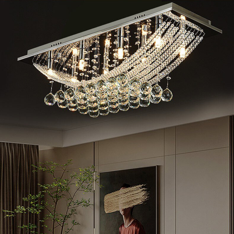 European Luxury Crystal Bead Curtain Rectangular Stainless Steel 8-Light Flush Mount Ceiling Light