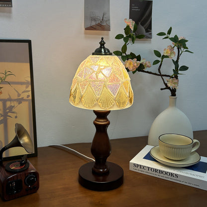 Traditional Vintage Wood Glass Hemispheroid Shell Lozenge 1-Light Table Lamp For Bedside