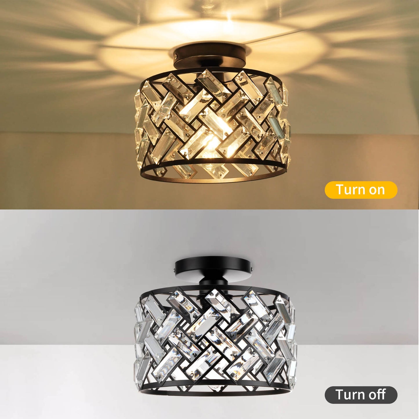 Modern Minimalist Round Metal Crystal 1-Light Semi-Flush Mount Ceiling Light For Living Room