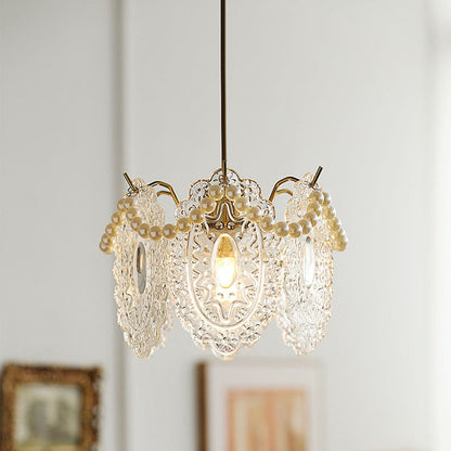 Traditional French Feather Pearl Petal Hardware Glass 1-Light Pendant Light For Bedroom