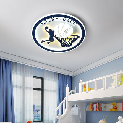 Contemporary Creative Kids Round Basketball Football Iron Acrylic LED Flush Mount Ceiling Light For Bedroom