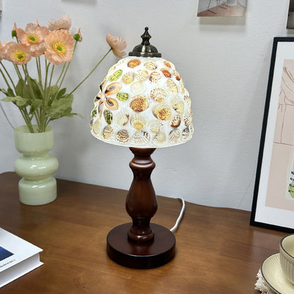 Traditional Vintage Wood Glass Hemispheroid Shell Lozenge 1-Light Table Lamp For Bedside