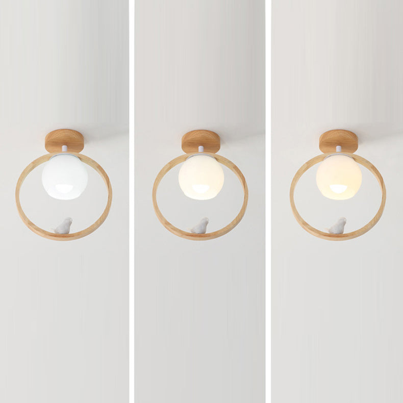 Traditional Japanese Wood Circle Ring Glass Ball Shade Bird 1-Light Semi-Flush Mount Ceiling Light For Living Room