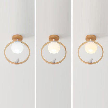 Traditional Japanese Wood Circle Ring Glass Ball Shade Bird 1-Light Semi-Flush Mount Ceiling Light For Living Room