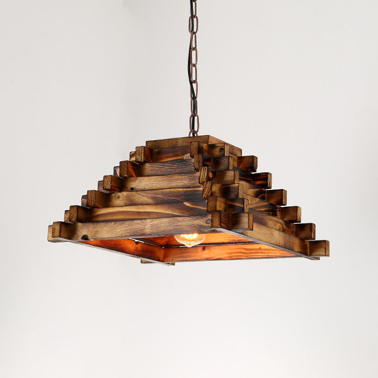 Traditional Rustic Wood Trapezoidal Shade Iron Chain 1-Light Pendant Light For Dining Room