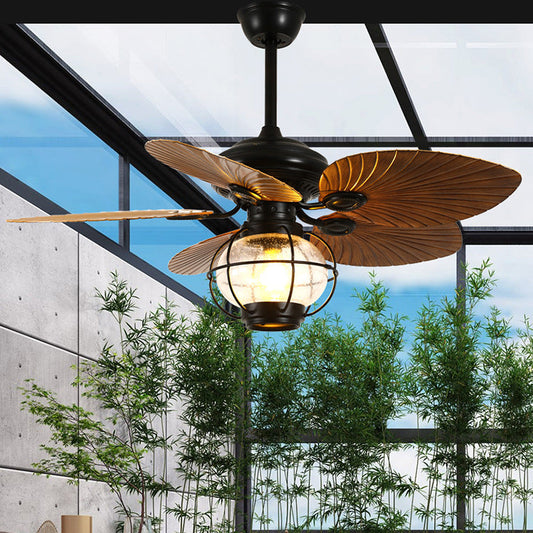 Traditional Rustic Lantern Banana Shaped Fan Leaf Iron Glass 1-Light Downrods Ceiling Fan Light For Outdoor Patio
