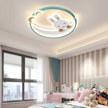 Modern Creative Cartoon Rabbit Iron Round LED Kids Flush Mount Ceiling Light