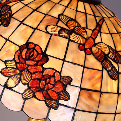 Traditional Tiffany Brass Shell Dome Rose Dragonfly 3-Light Standing Floor Lamp For Living Room