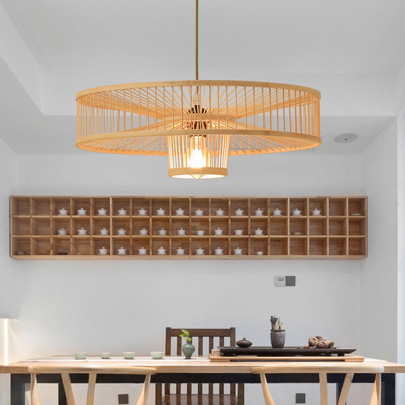 Traditional Chinese Bamboo Weaving Round 1-Light Pendant Light For Dining Room
