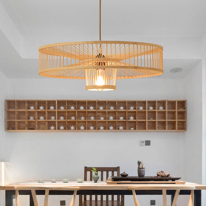 Traditional Chinese Bamboo Weaving Round 1-Light Pendant Light For Dining Room