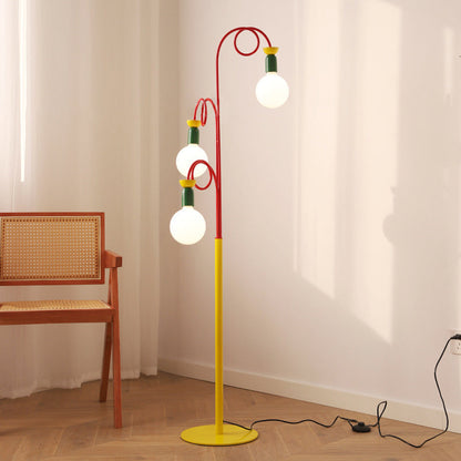 Contemporary Retro Curved Pole Round Ball Fruit Iron Glass 3-Light Standing Floor Lamp For Living Room