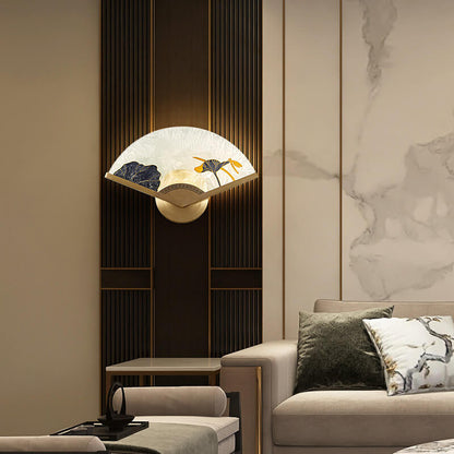 Modern Chinese Glass Folding Fan Shaped Brass LED Wall Sconce Lamp