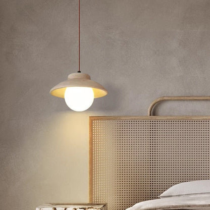 Traditional Vintage Bowl Shape Wood Natural Stone 1-Light Pendant Light For Bedroom
